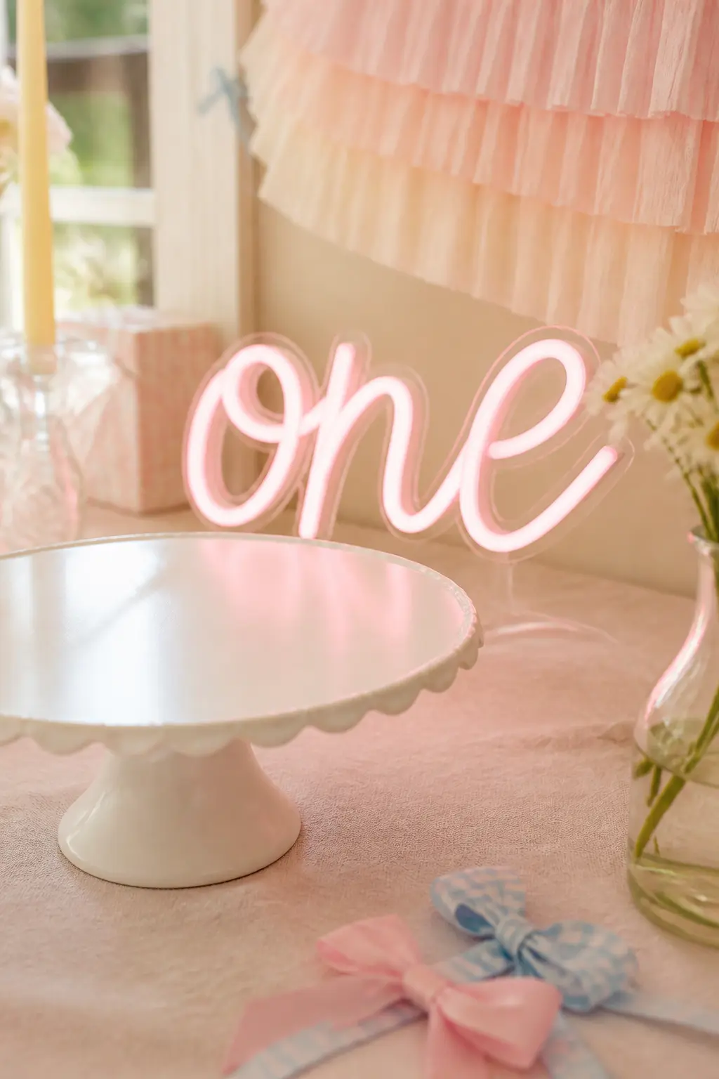 "One" Neon-Style Acrylic Sign — A small acrylic LED sign in the word "one," in a cursive font and pale pink light, propped behind the smash cake or the main