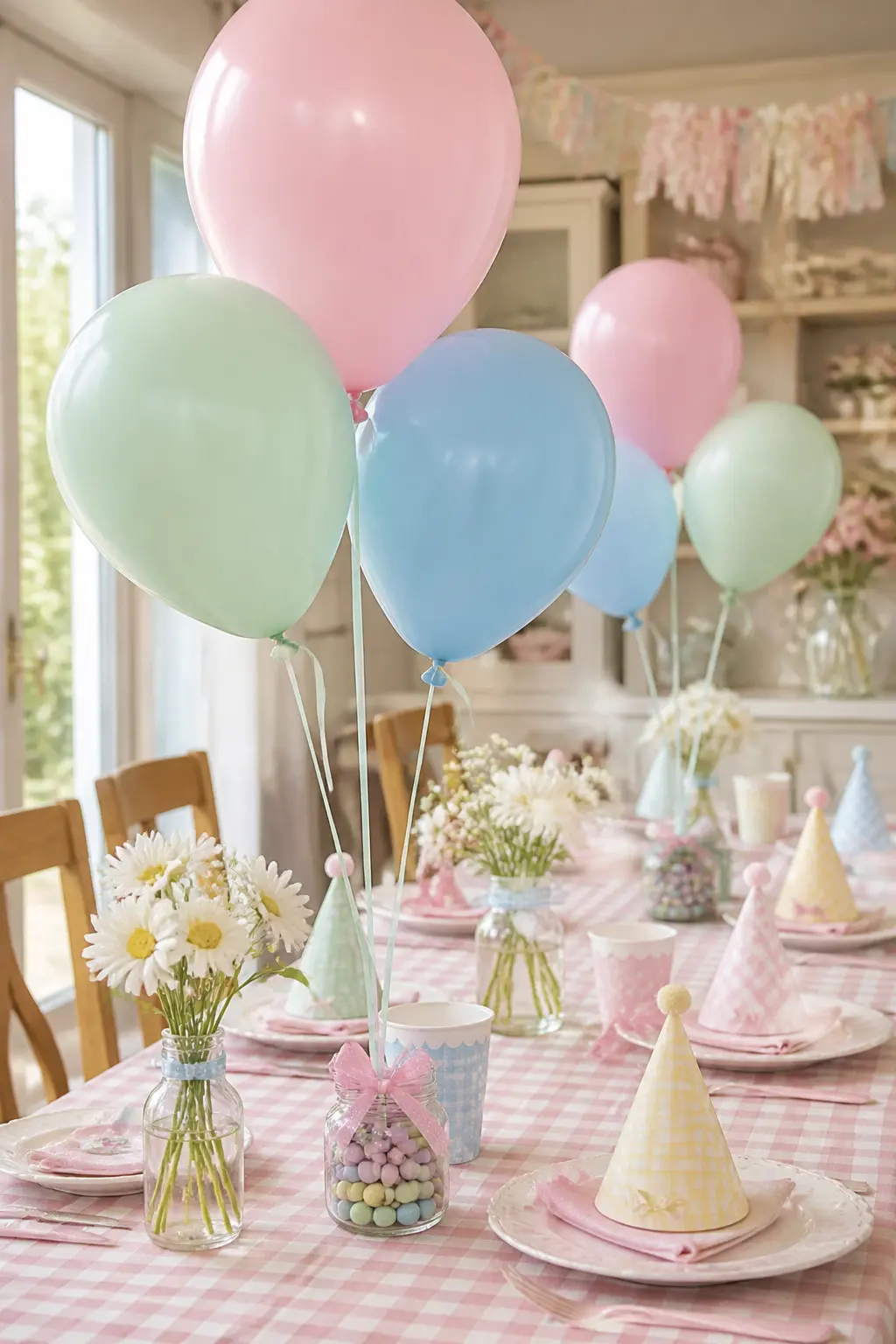 Pastel Balloon Weight Centrepieces — Three or four helium balloons in the party's pastel mix, tied to a small glass jar filled with pastel M&Ms as the