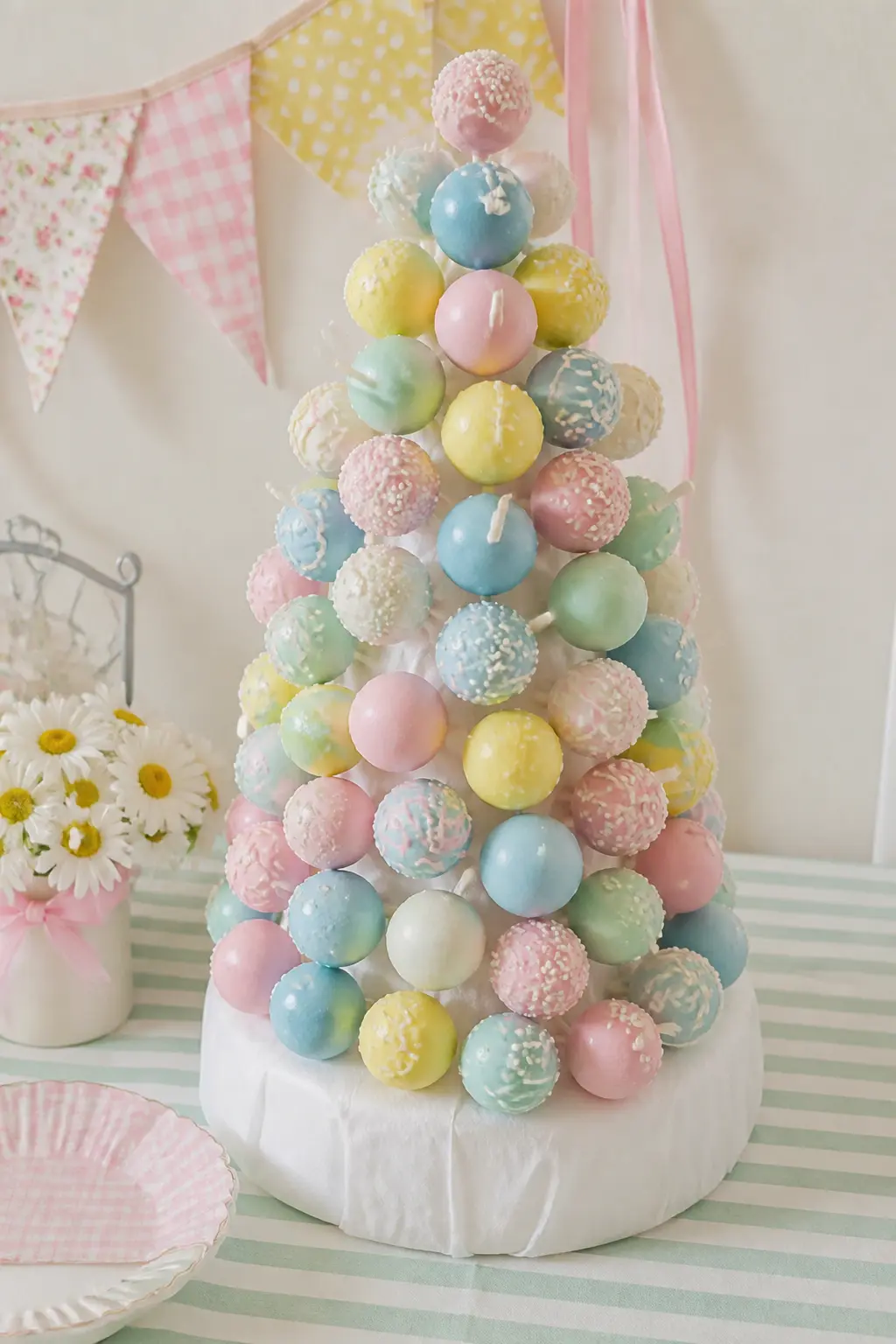 Pastel Cake-Pop Tower — Cake pops dipped in white candy melt and then rolled in pastel sanding sugar, one colour per pop, arrange into a small foam-cone tower