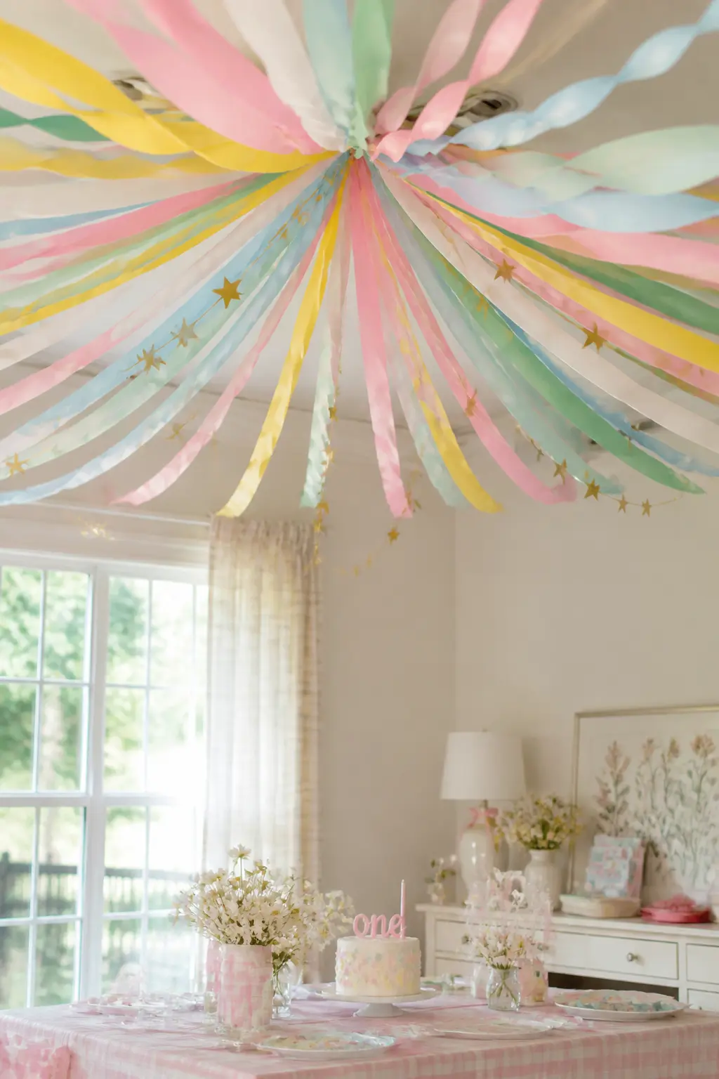 Pastel Crepe-Paper Streamer Canopy — Six to eight rolls of crepe-paper streamers in alternating pastels, strung from a central ceiling point outward to the