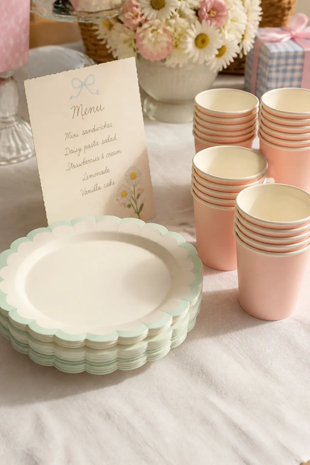 Pastel Paper Plates and Cups Set — Paper plates and cups in coordinated pastel colours, specifically plates in white with a mint border and cups in solid