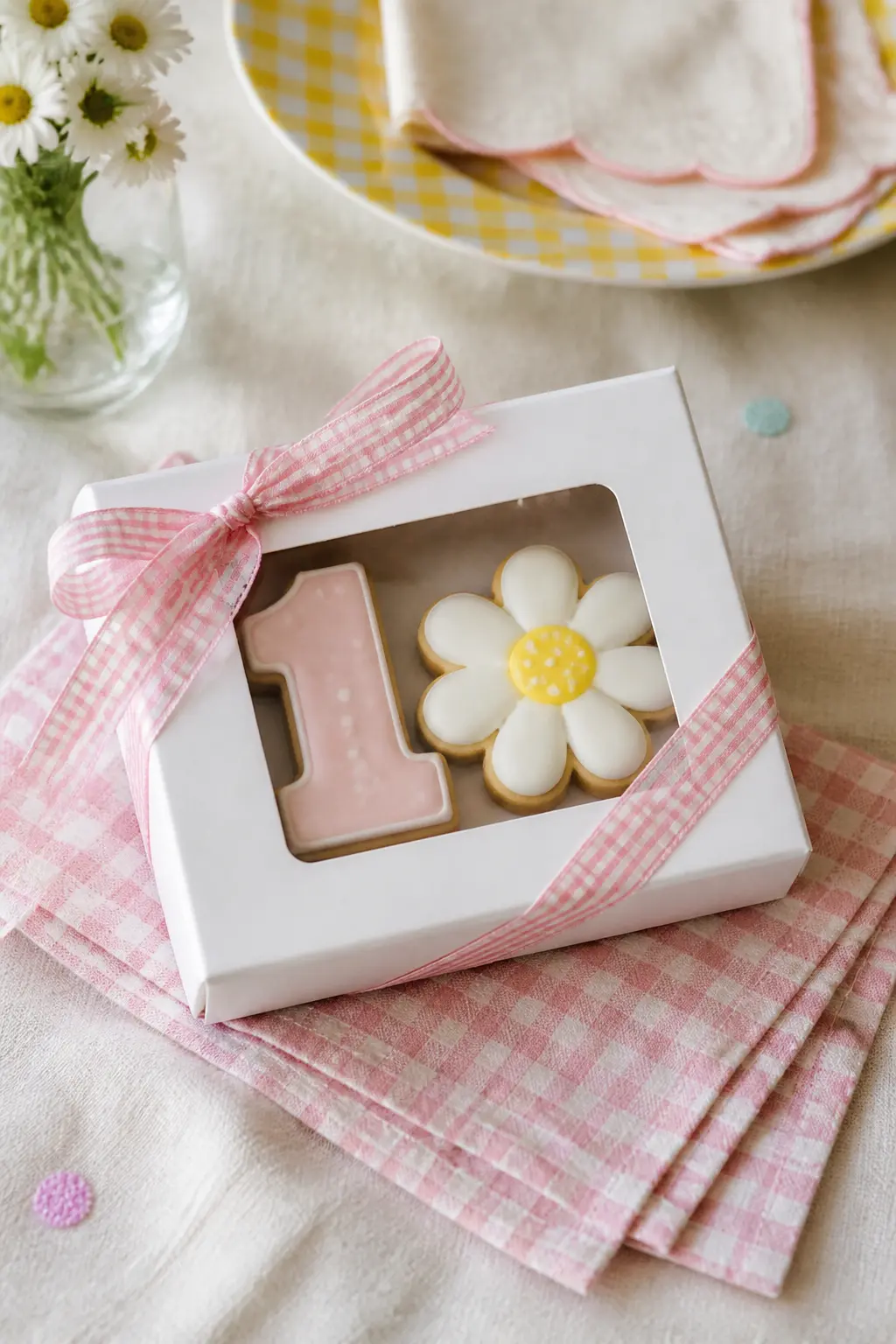 Personalised Cookie Favour Box — A small white kraft box at each place setting, containing two personalised royal-iced cookies and tied with a gingham ribbon