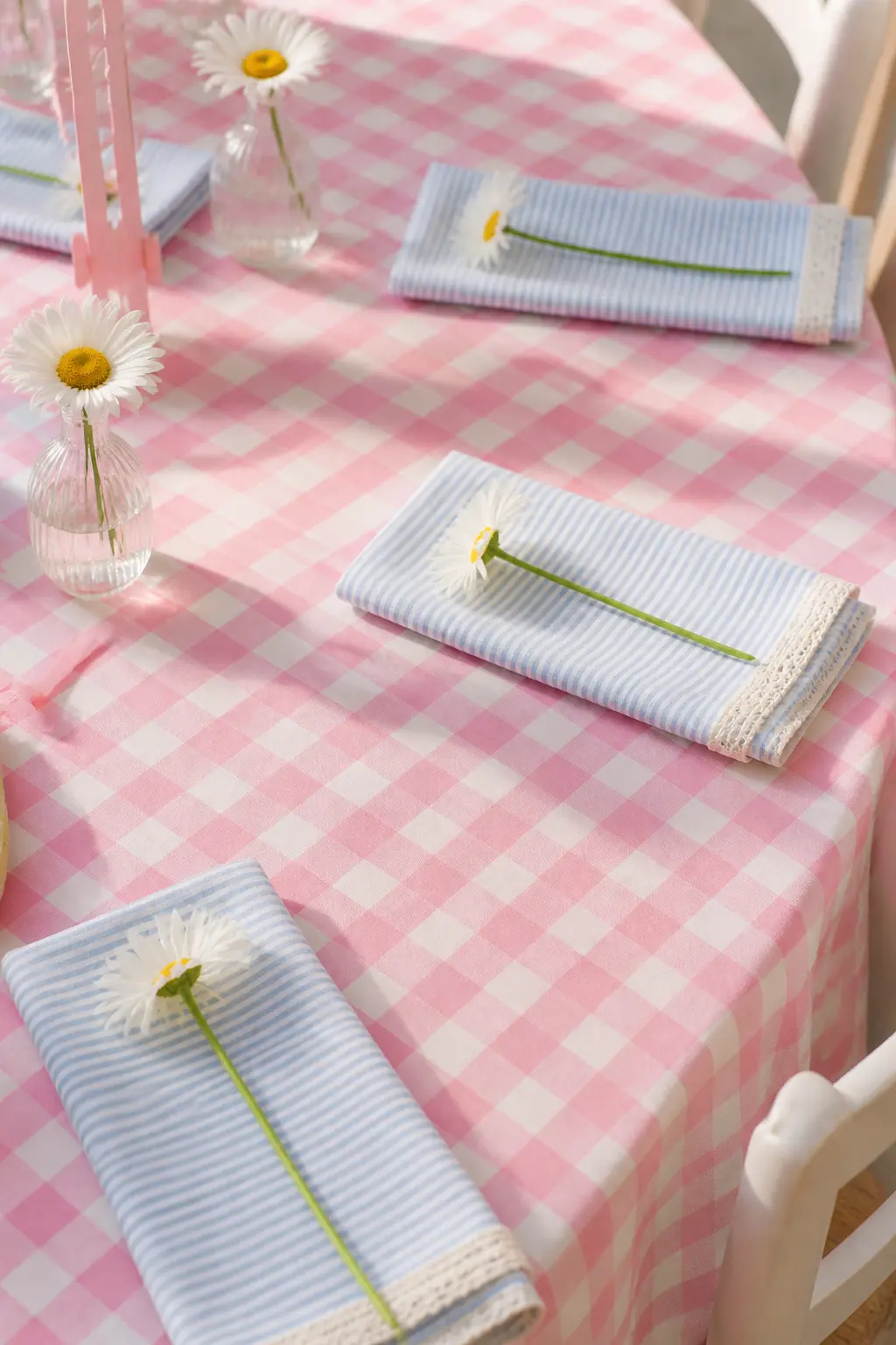 Pink Gingham Tablecloth and Ticking Stripe Napkins — Layering two patterns on the dining table, a pink gingham tablecloth under ticking-stripe cotton napkins