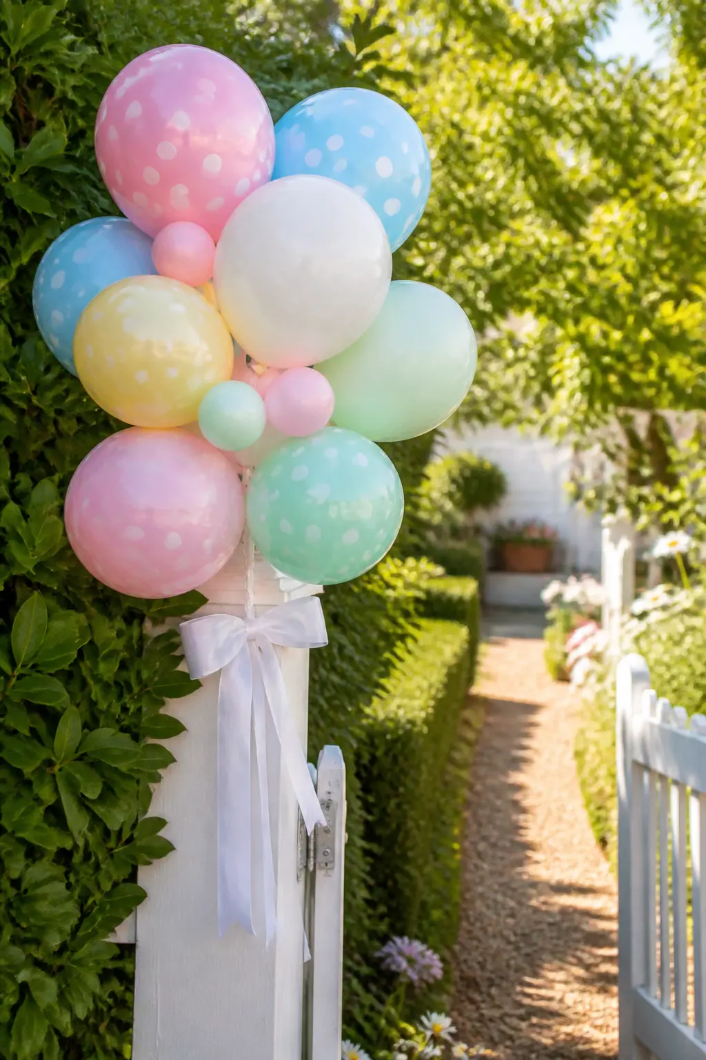 Polka-Dot Balloon Cluster at the Entrance — A cluster of five or seven balloons, several plain pastel and two with large printed polka dots, tied together with