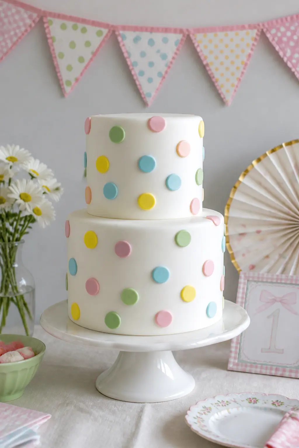 Polka-Dot Fondant Layer Cake — A two-tier fondant cake covered in chalk-white rolled fondant, then studded all over with small hand-pressed fondant discs in
