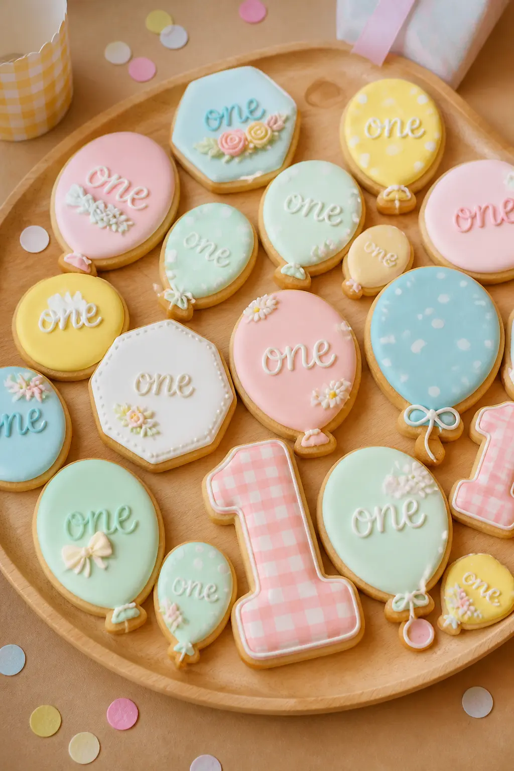 Royal-Iced Personalised Cookies — A tray of royal-iced sugar cookies in mixed shapes, polka-dot ovals, birthday-cake hexagons, balloon clusters and "one"