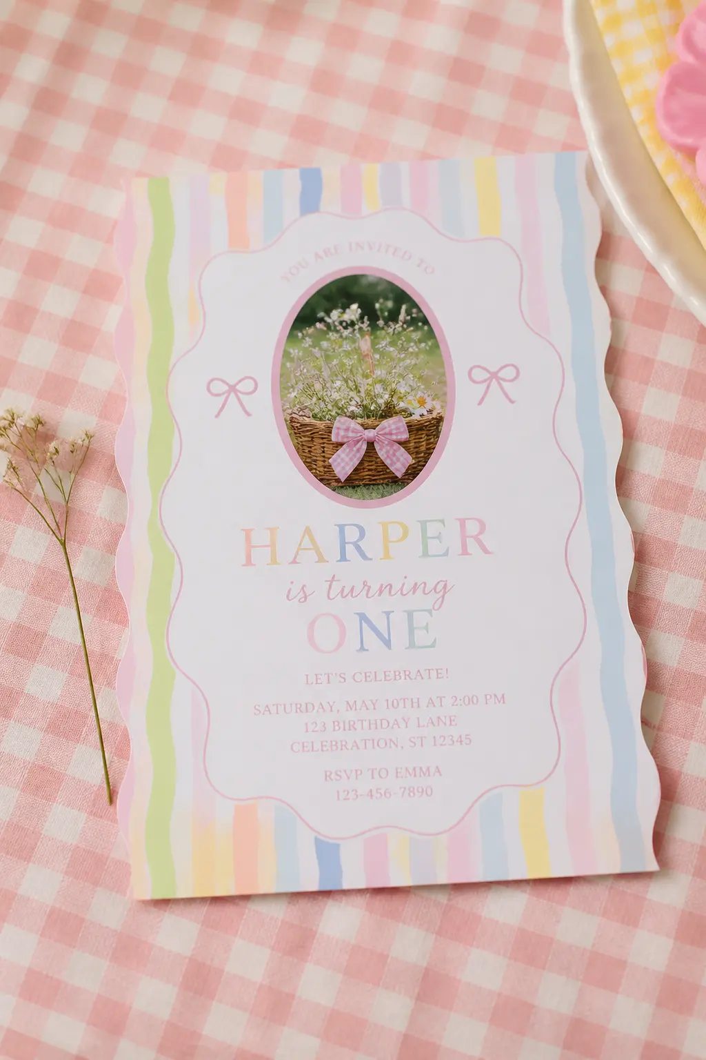 Striped and Wavy Invitation with Photo — A portrait-format digital invitation with a vertical stripe background in rainbow pastels, a wavy border in white, and