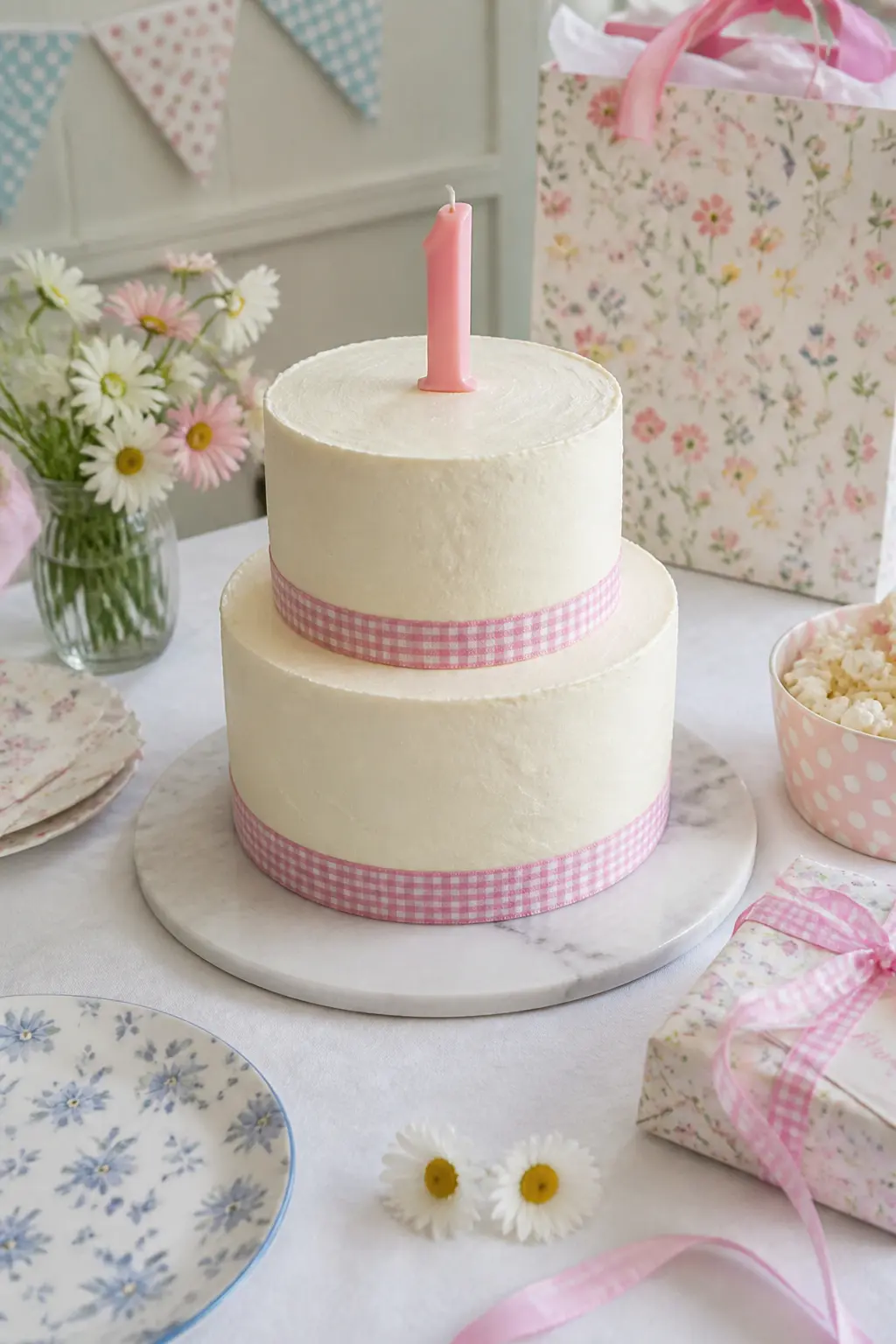 Two-Tier Buttercream with Ribbon Stripe — A two-tier cake in smooth white buttercream gets a single wide stripe of pink gingham ribbon pressed gently around