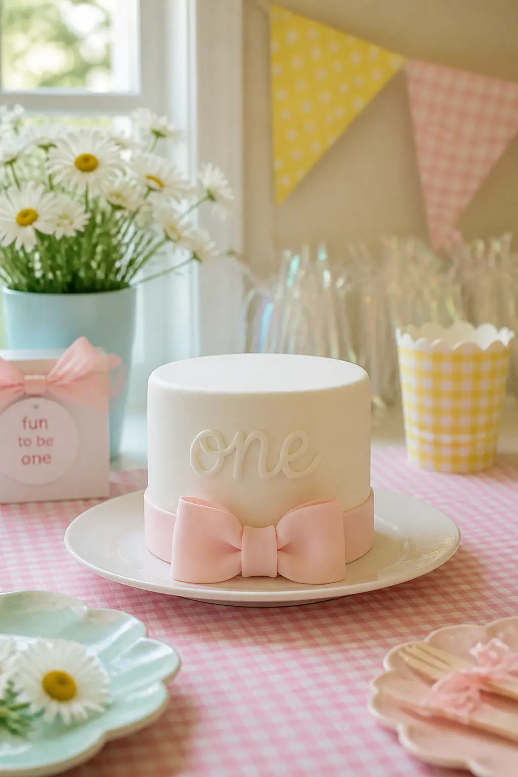 White Fondant Smash Cake with Bow — The smash cake that photographs best is almost always the simplest one. Fun to be one girl first birthday party