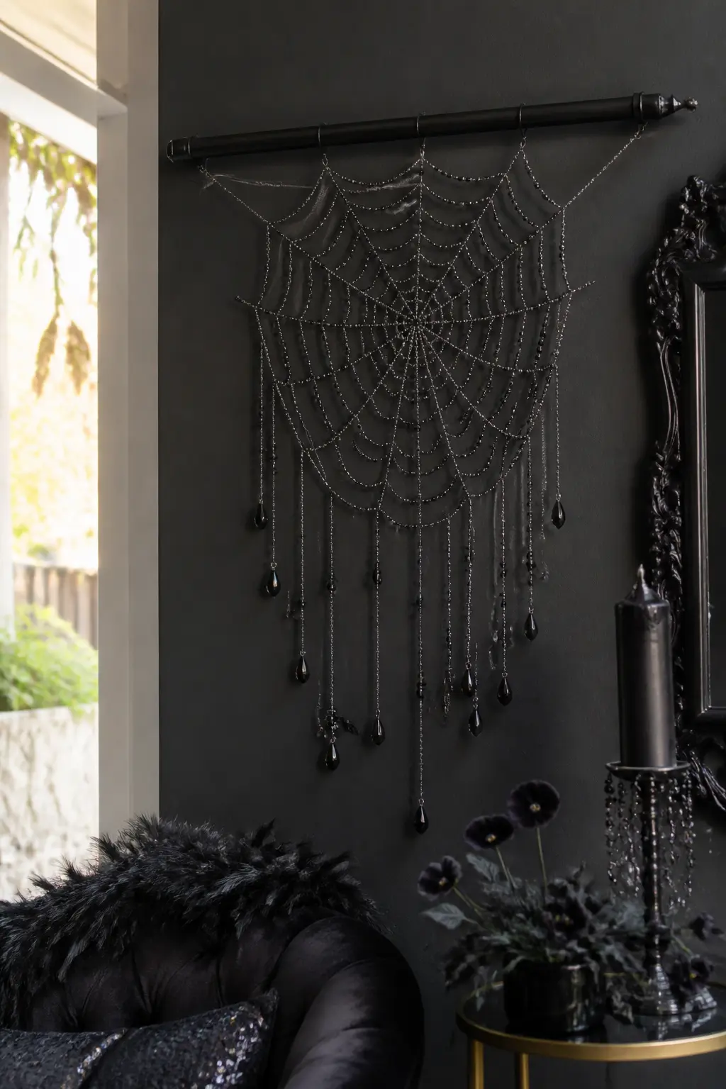 Gunmetal and Jet Black Hanging Panel — This design uses opaque matte black size-11 beads for the radial spokes and gunmetal metallic beads for the spiral