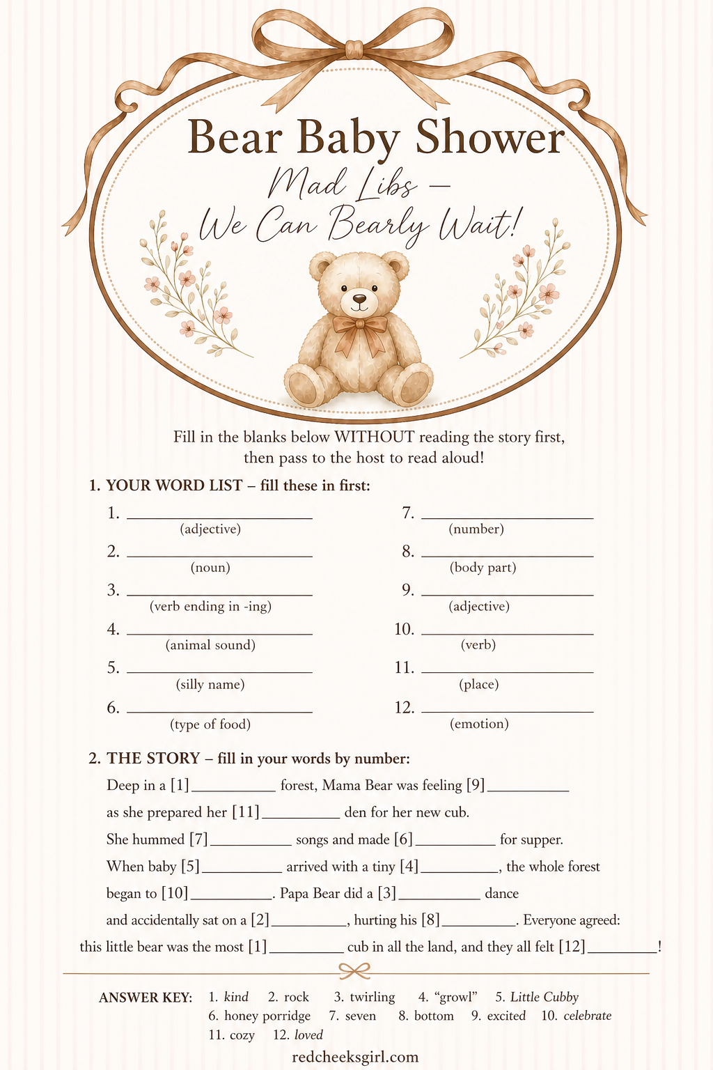 Baby Shower Mad Libs Story — Bear Edition printable