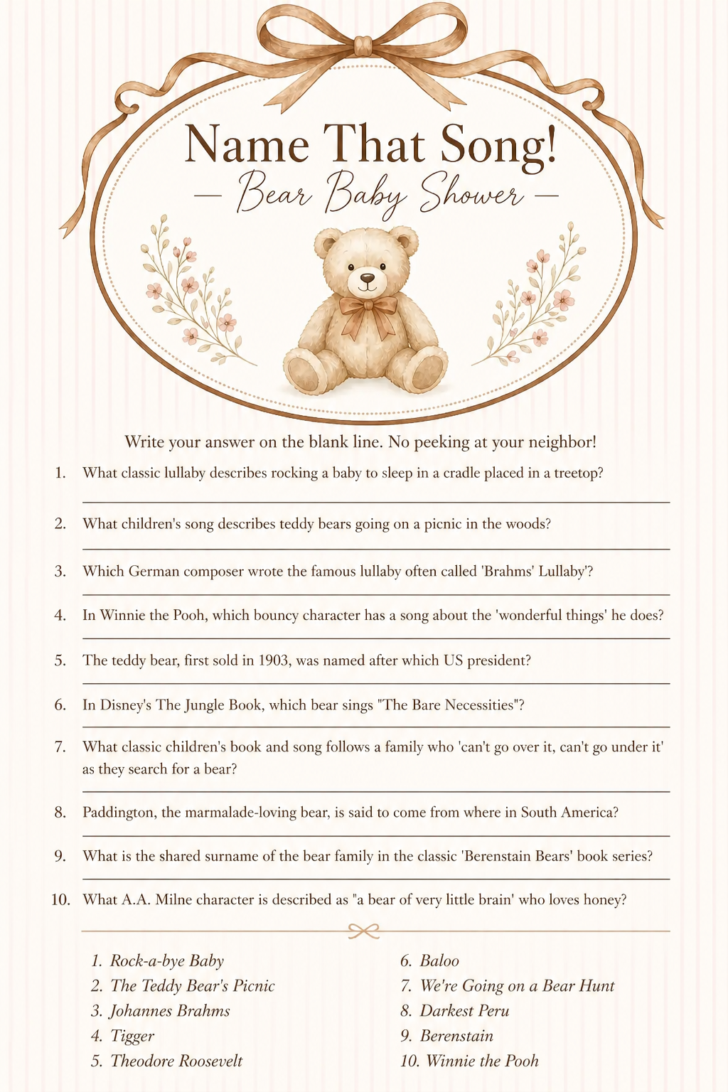 Name That Song — Bear Baby Shower printable