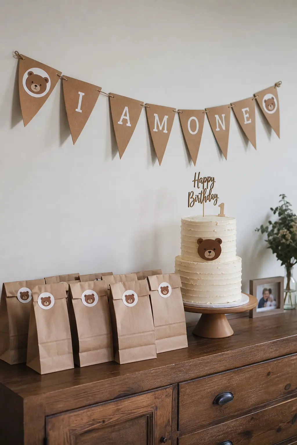 Single Teddy Bear Style Across Cake, Banner and Favors