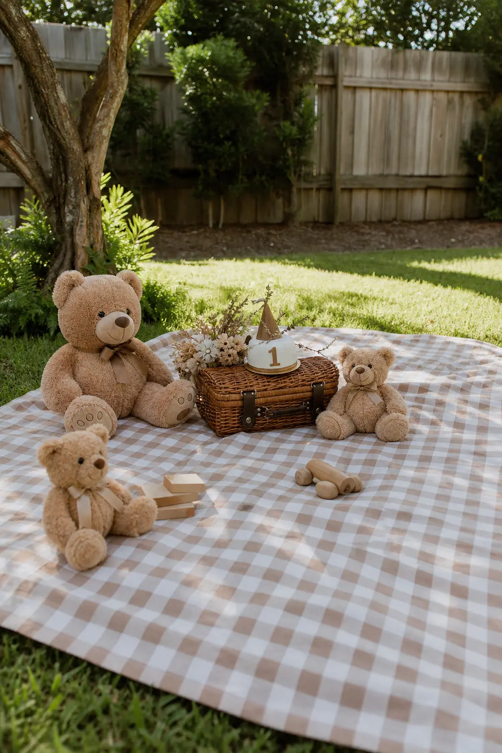 Teddy Bear Picnic Setup with Checked Blanket