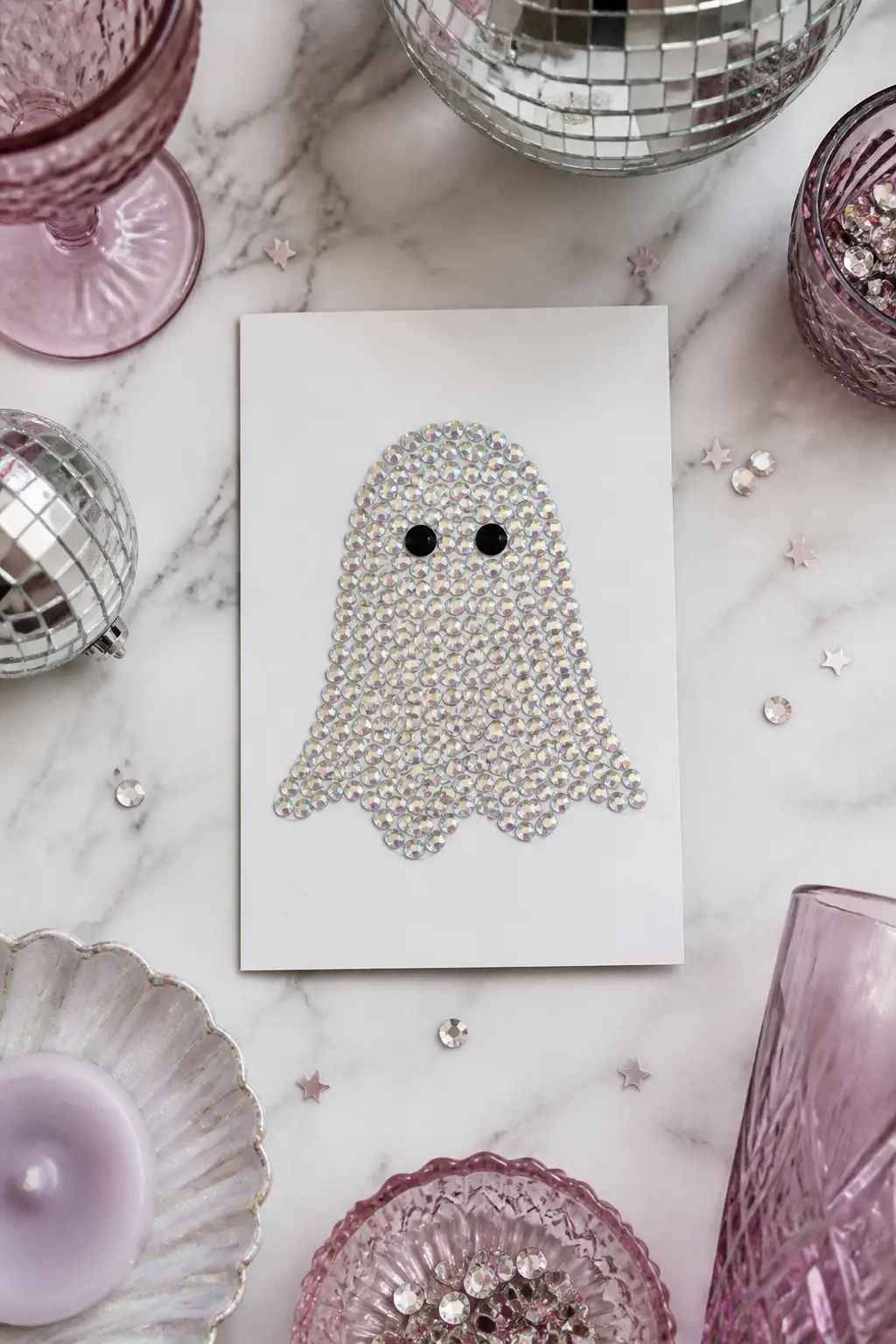 AB Crystal Mosaic Ghost Card — On a blank A6 white card, build a ghost shape from AB and clear rhinestones of mixed sizes, placing them in a mosaic arrangement