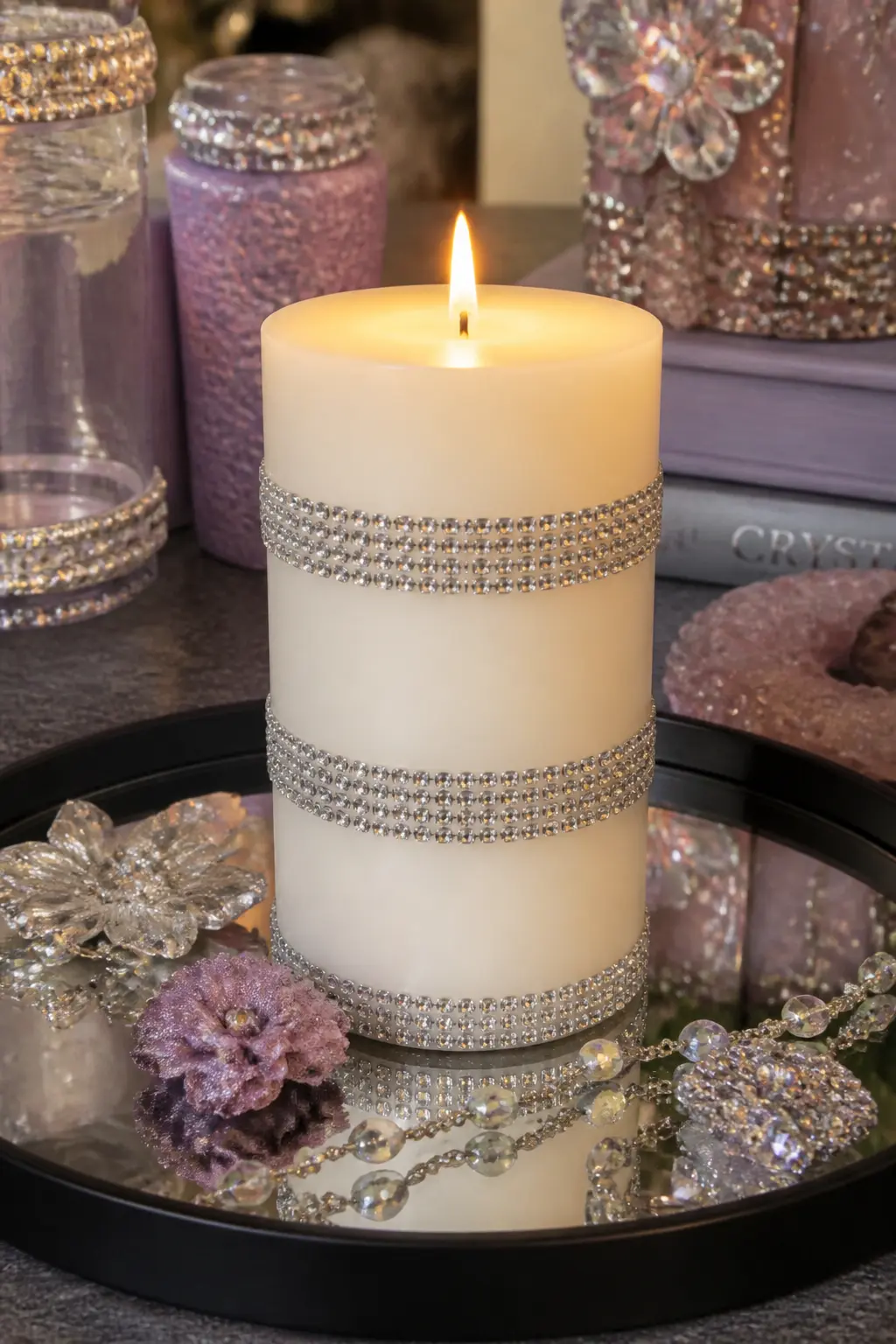 Banded Crystal Pillar Candle — A white or ivory pillar candle gets three horizontal bands of clear and silver rhinestones, spaced evenly from base to top.