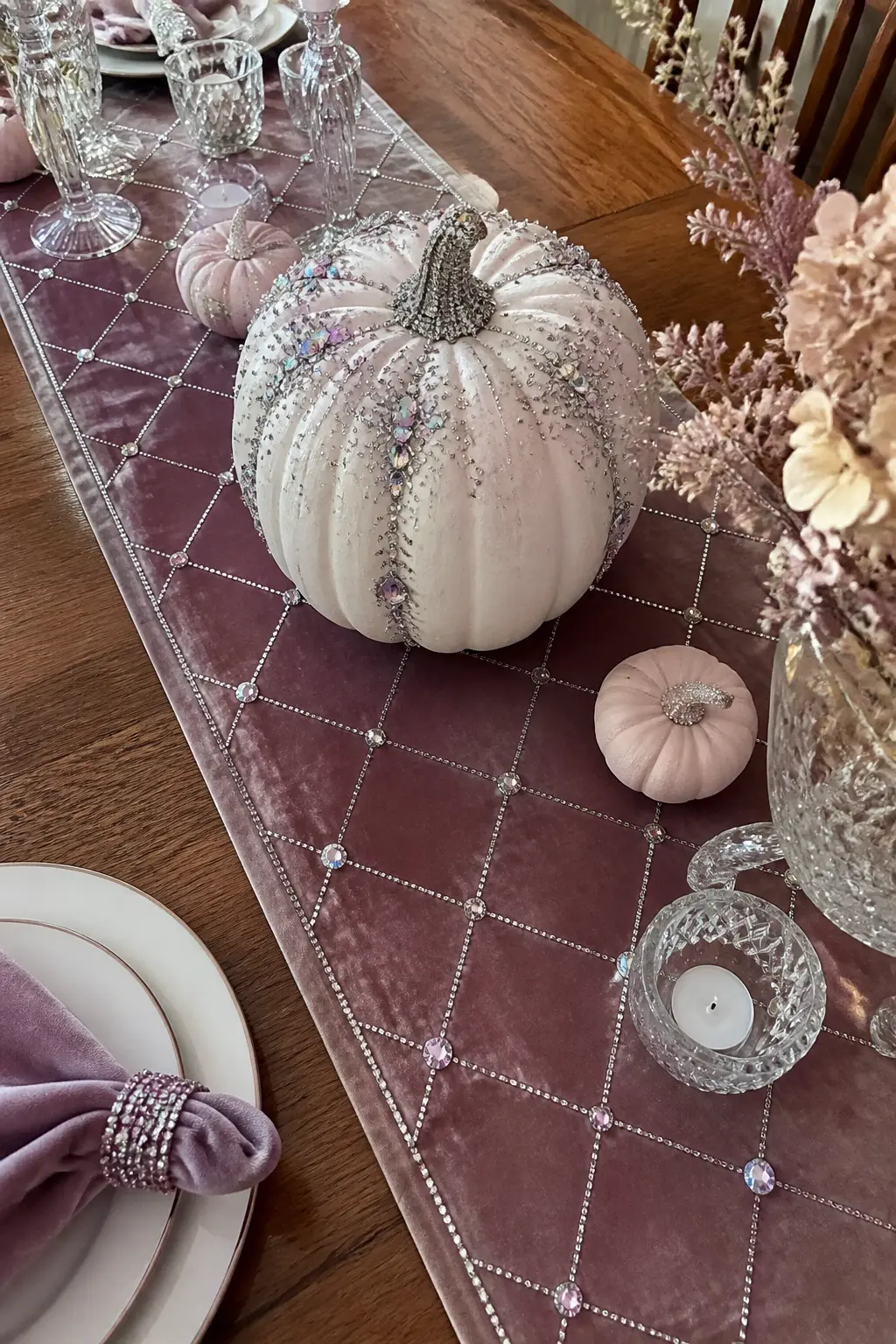 Bedazzled Velvet Pumpkin Table Runner Accent — Velvet fabric takes rhinestones better than almost any other textile because the pile grips the adhesive backing