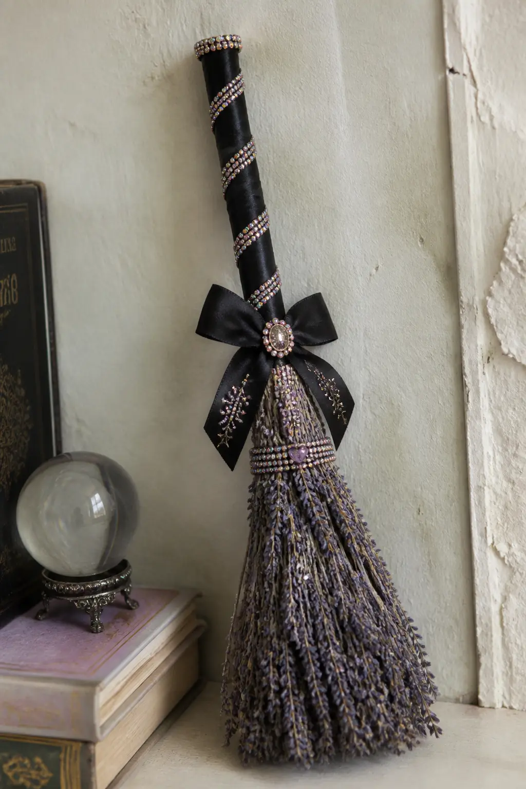 Bedazzled Witch's Broom — A decorative mini broom, the kind sold in autumn craft sections, gets a rhinestone treatment along its handle. Bedazzled stuff
