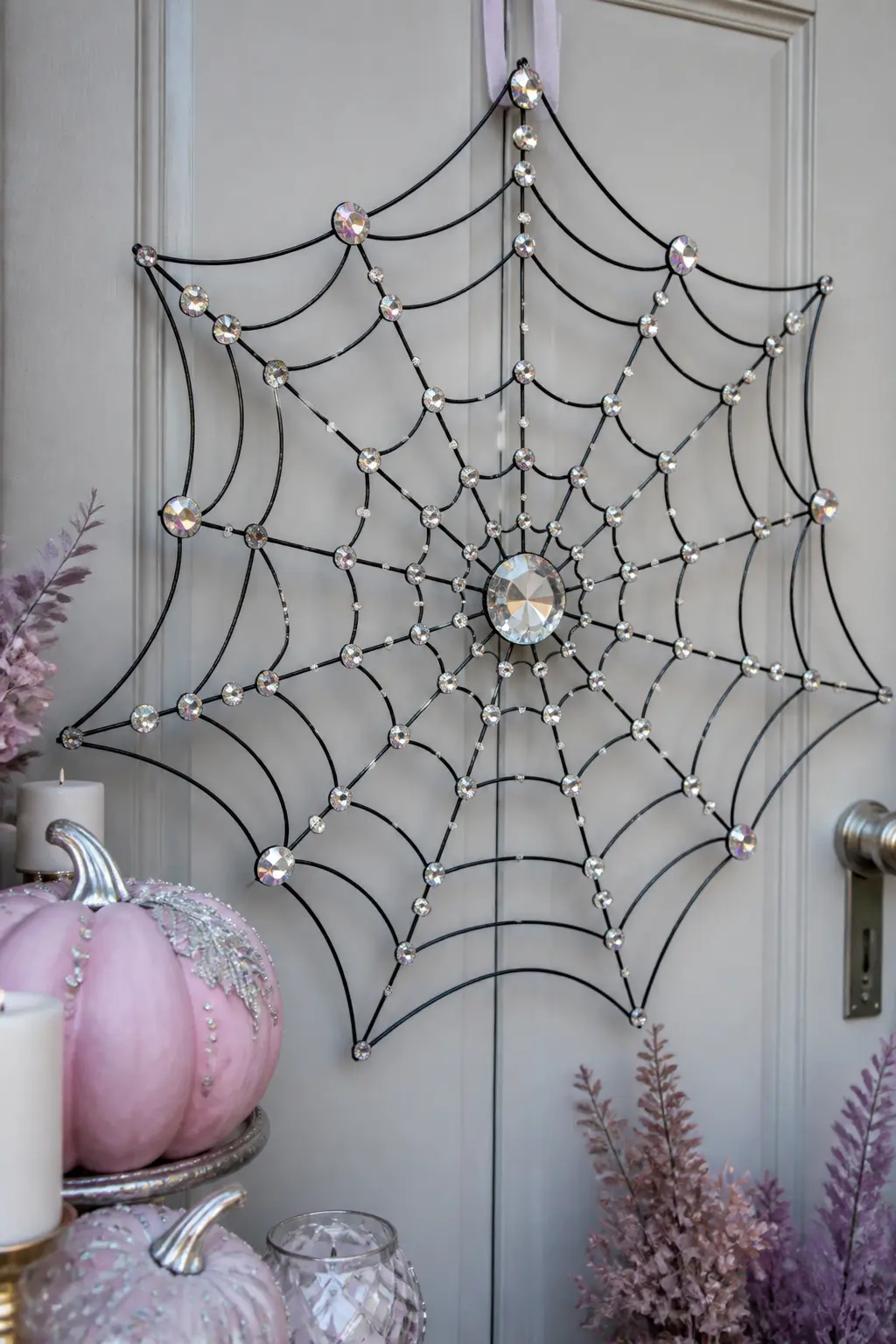Crystal Spiderweb Wreath — A black wire wreath form, the open kind with visible spokes, becomes a spiderweb when you stretch thin black craft wire between the