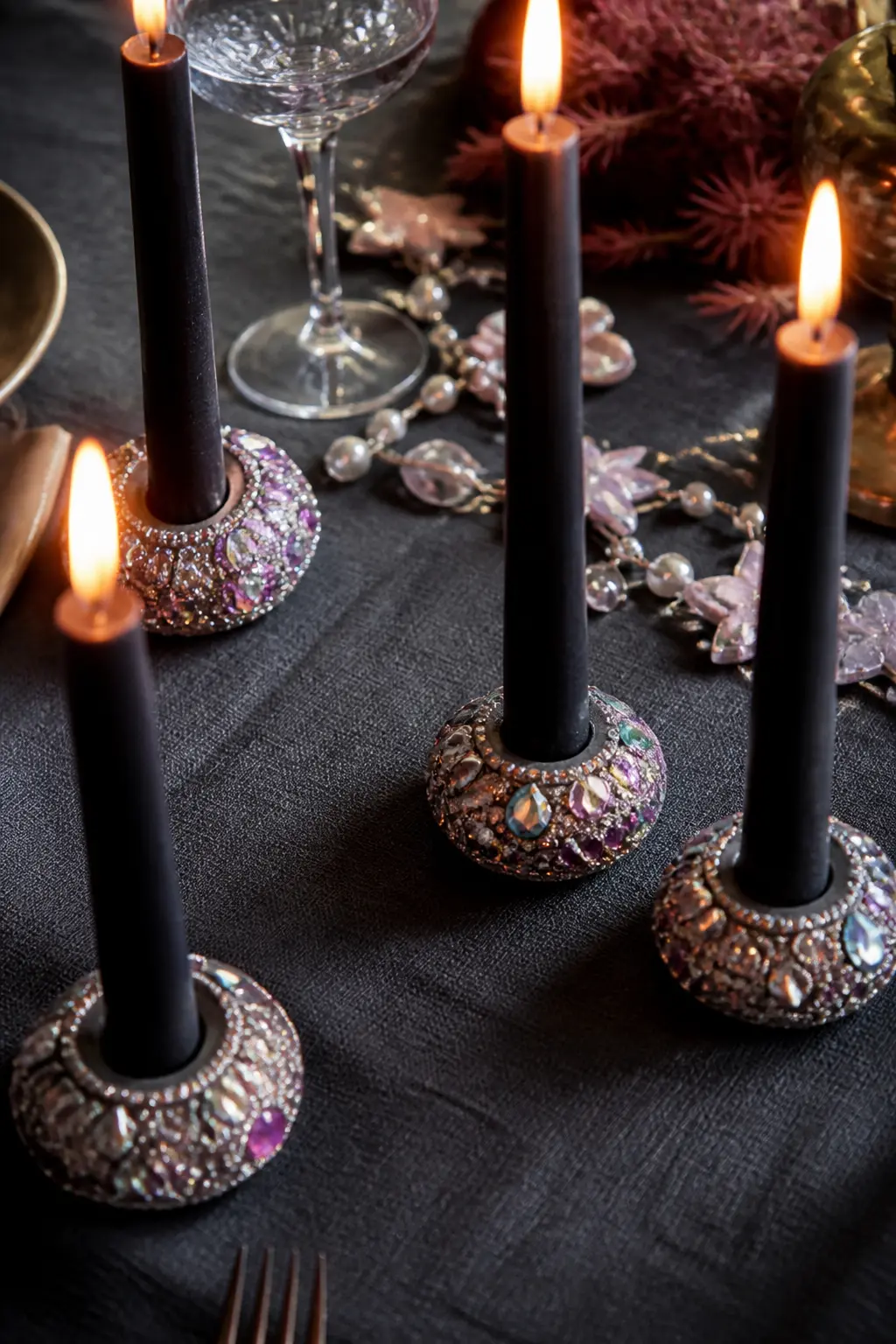Jewelled Black Taper Candle Ring — A small foam ring designed to sit at the base of a taper candle gets densely covered in black, gunmetal and clear