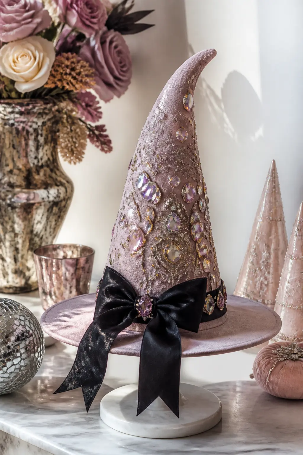 Jewelled Crystal Witch Hat Centerpiece — A foam or cardboard witch hat form, painted in dusty blush or pale lilac, becomes a statement centrepiece when the
