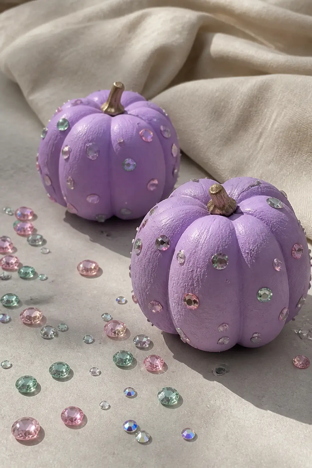 Lilac Pumpkin Scattered with Pastel Gems — Paint a small faux pumpkin in matte lilac. Bedazzled stuff
