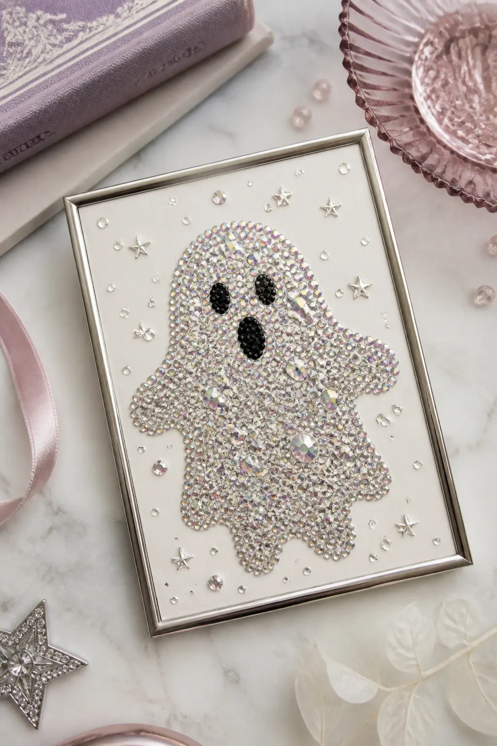 Rhinestone Ghost Wall Art — On a piece of thick watercolour card or cotton rag paper, draw a simple ghost silhouette in pencil. Bedazzled stuff