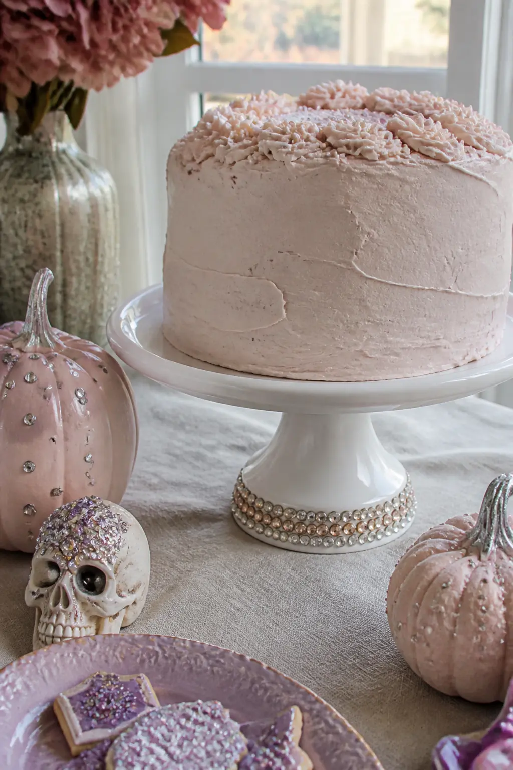Rhinestone Halloween Cake Stand — A plain white ceramic or glass cake stand becomes permanent party infrastructure when you ring the base with a single row of