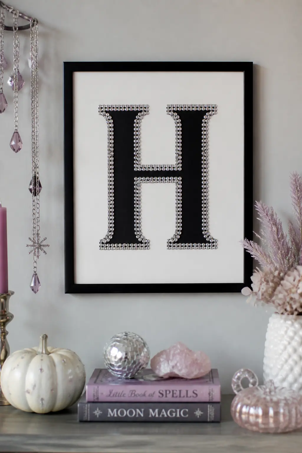 Rhinestone Halloween Monogram Print — Print or hand-letter a large single letter or Halloween word, such as BOO or your own initial, in heavy black ink on
