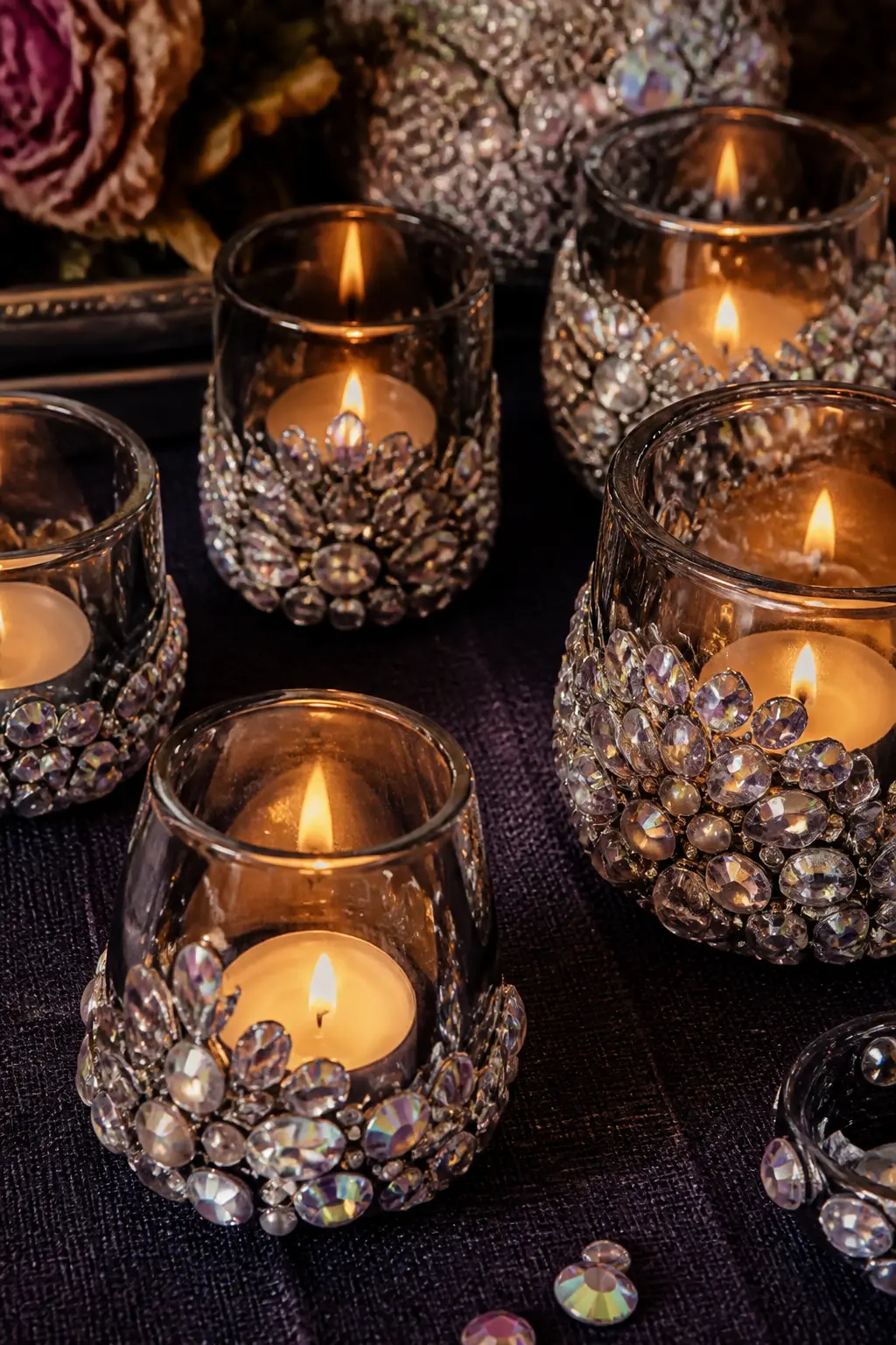 Smoky Glass Votive with AB Crystal Clusters — Take a squat smoky glass votive and cluster AB flat-back rhinestones across the lower half, densely packed so the
