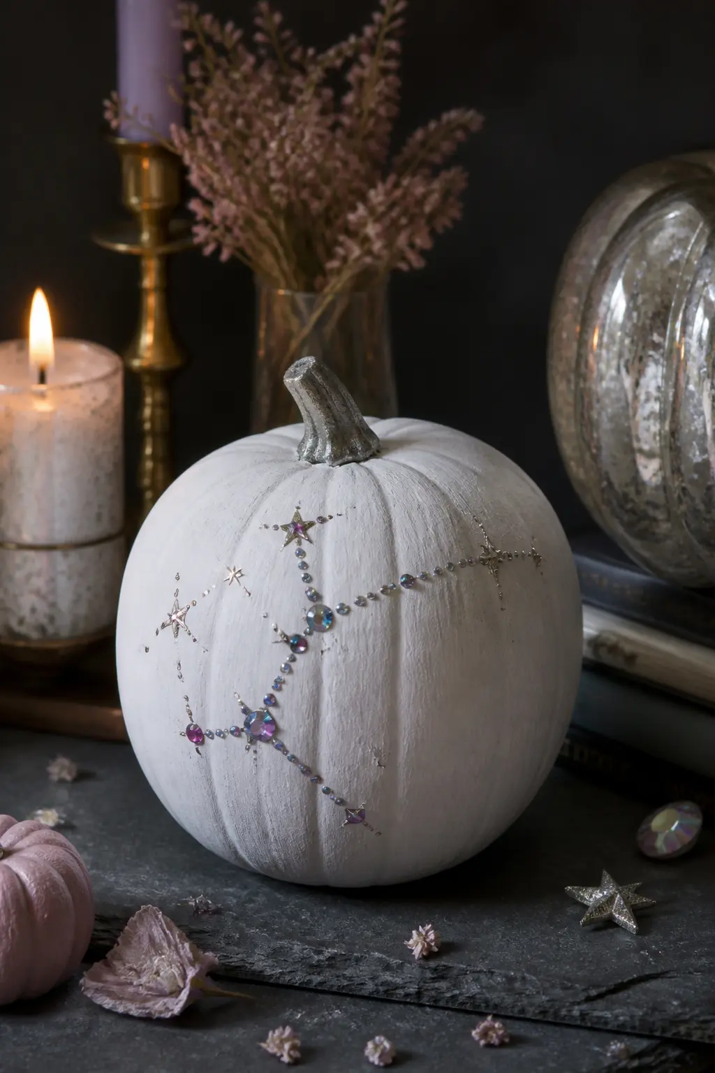 White Pumpkin with a Crystal Constellation — A chalky white pumpkin becomes a night-sky piece when you map out a constellation shape in silver and AB crystal