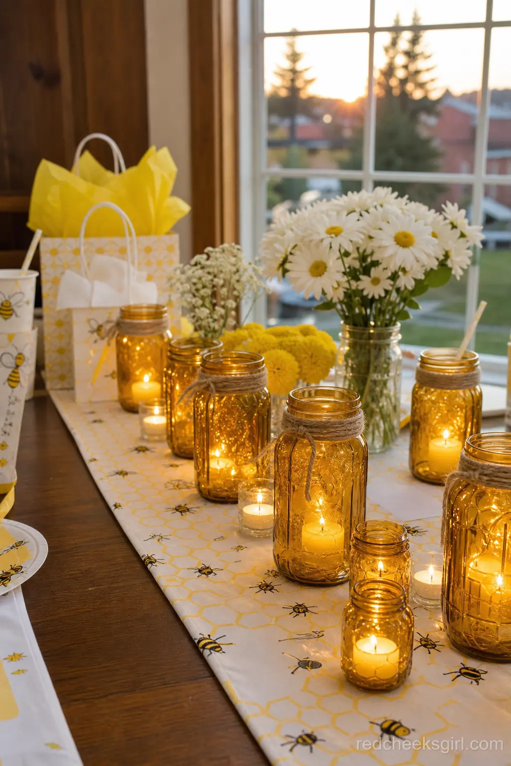 Amber Mason Jar Lantern Runner — For an evening shower, swap daylight centerpieces for jars that glow. Bee baby shower theme