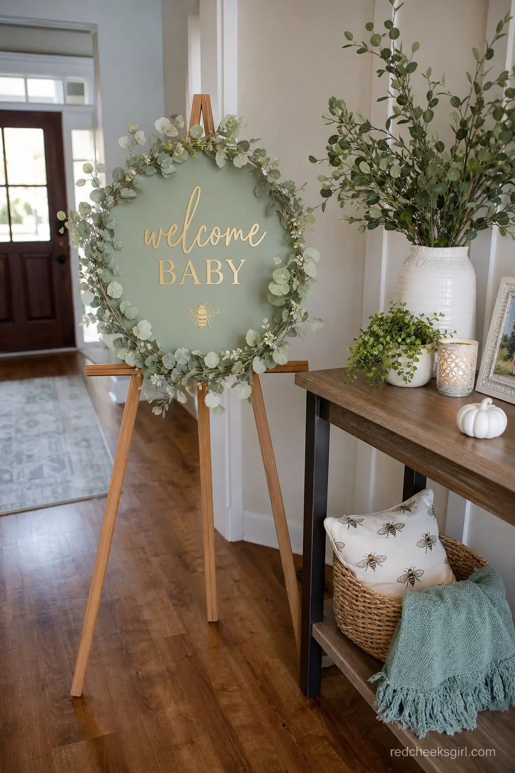 Botanical Welcome Sign on a Wooden Easel — A framed sign on an easel does the job of a banner without any tape marks on the wall, which matters if the shower