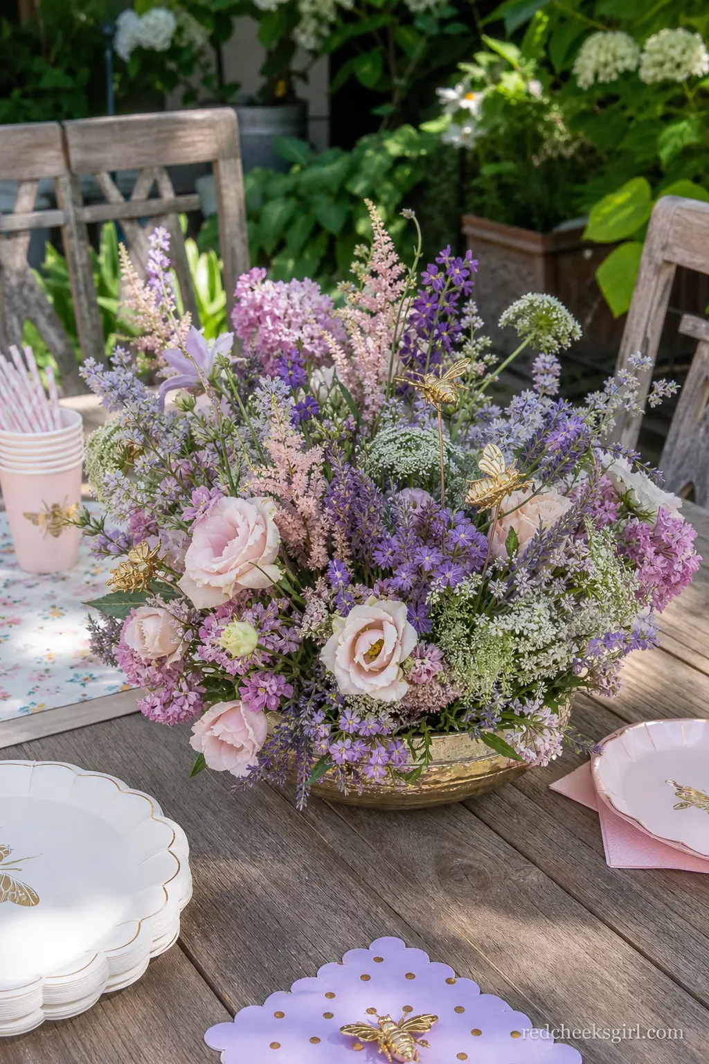 Garden Wildflower and Bee Pick Centerpiece — For a shower held outside or near a window, a loose wildflower bowl softens the black and gold with something less