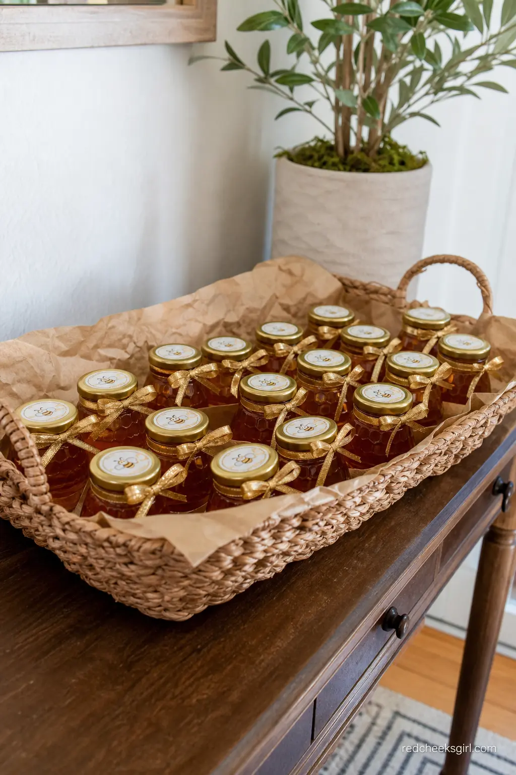 Honey Pot Favor Basket — Mini honey jars are the single most on-theme favor available and they need zero assembly. Bee baby shower theme