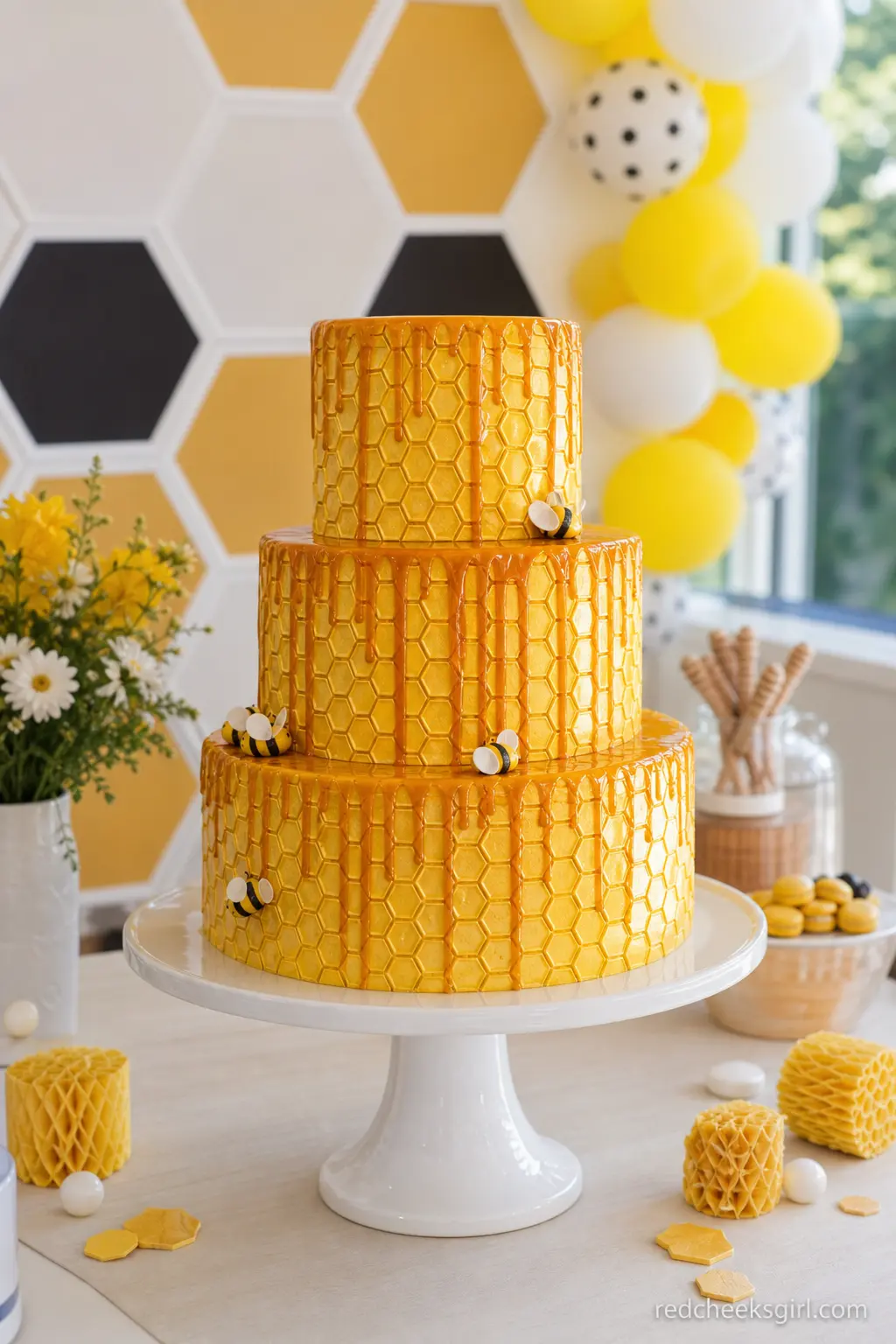 Honeycomb Drip Cake — A honeycomb textured cake with an amber drip is the one item on this list worth paying a baker for, since the effect is fussy to pull off