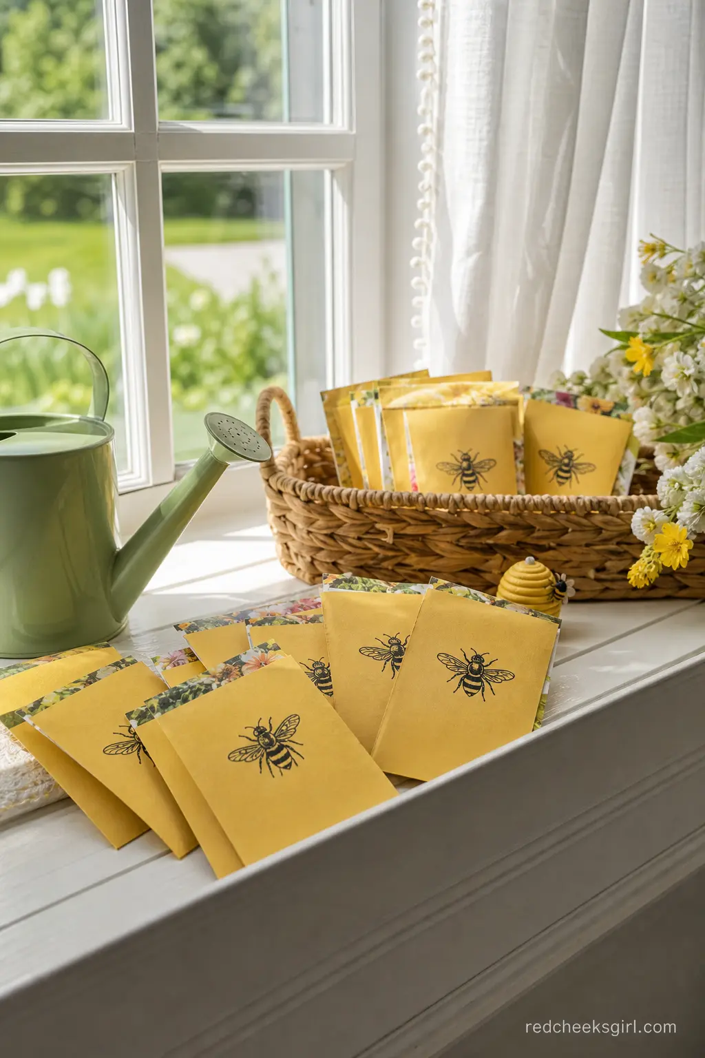 Wildflower Seed Packet Favor Display — Seed packets are light, cheap to ship if the shower is long distance, and they tie the bee theme back to the flowers