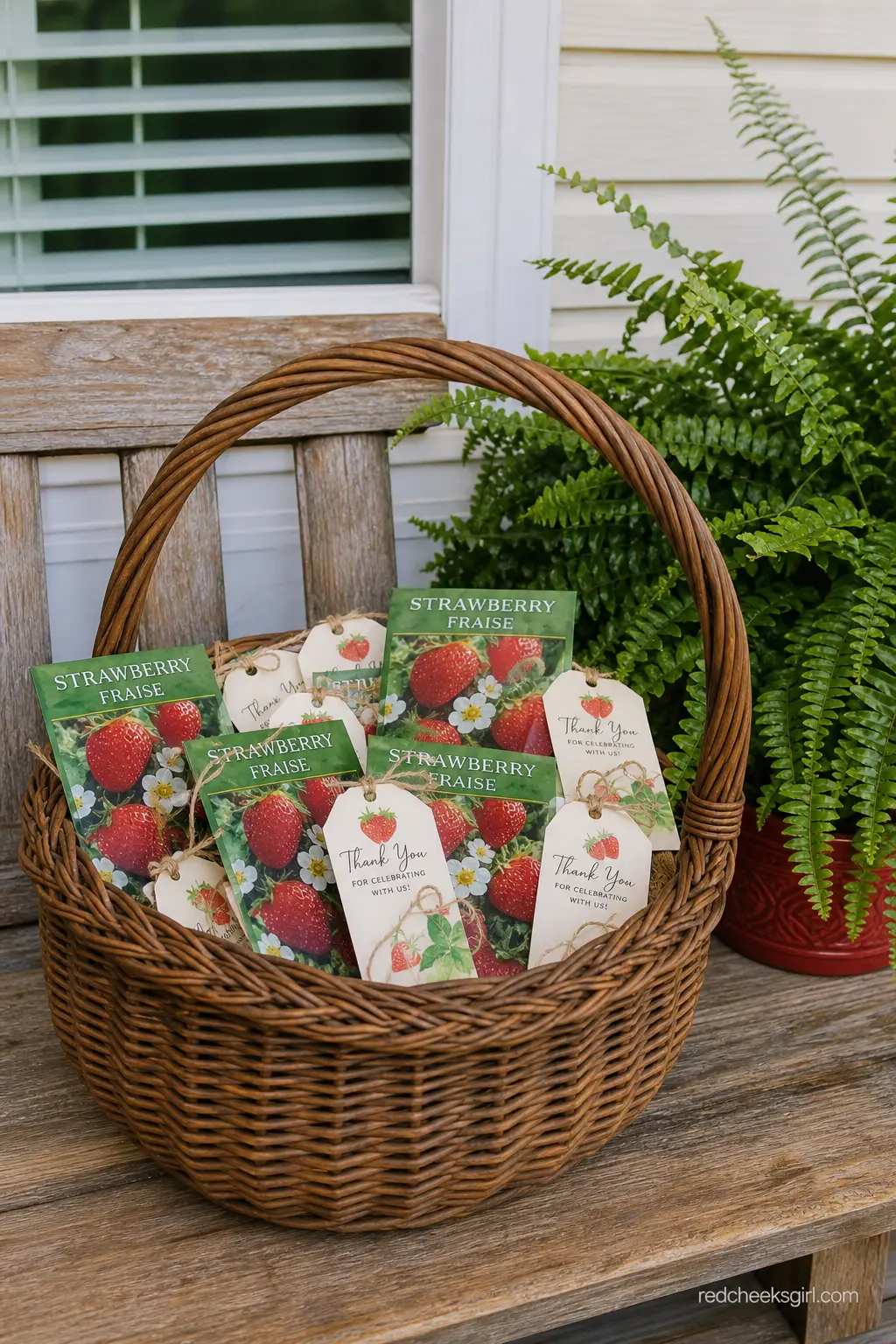 Berry Seed Packet Favor Basket — A wicker basket filled with strawberry seed packets lets guests grow their own berries later. Berry sweet baby shower theme