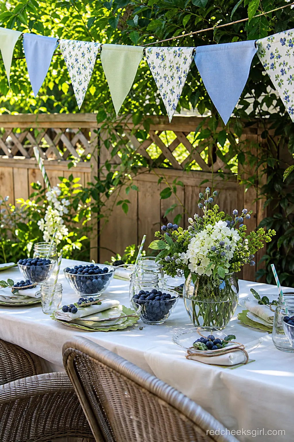 Blueberry and Sage Bunting Table — Move the table outside and string blueberry blue and sage green bunting overhead. Berry sweet baby shower theme