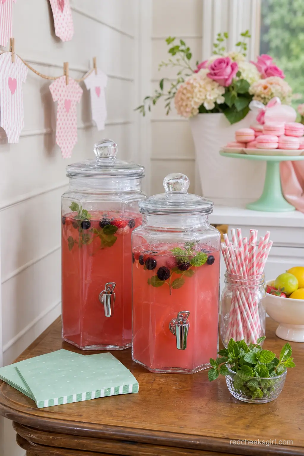 Blush and Mint Iced Tea Corner — A smaller, quieter drinks moment for tighter spaces: two glass dispensers of blush pink berry iced tea with mint floating