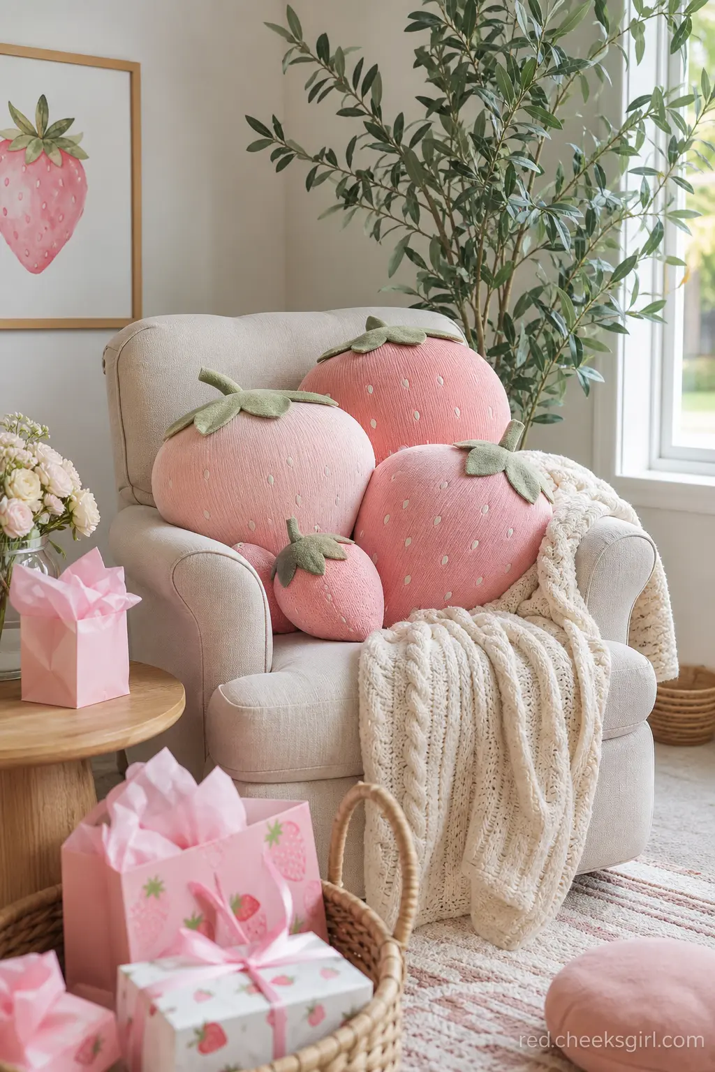 Blush Strawberry Cushion Reading Nook — Pile an armchair with blush pink strawberry-shaped cushions and a cream throw to make one corner of the living room