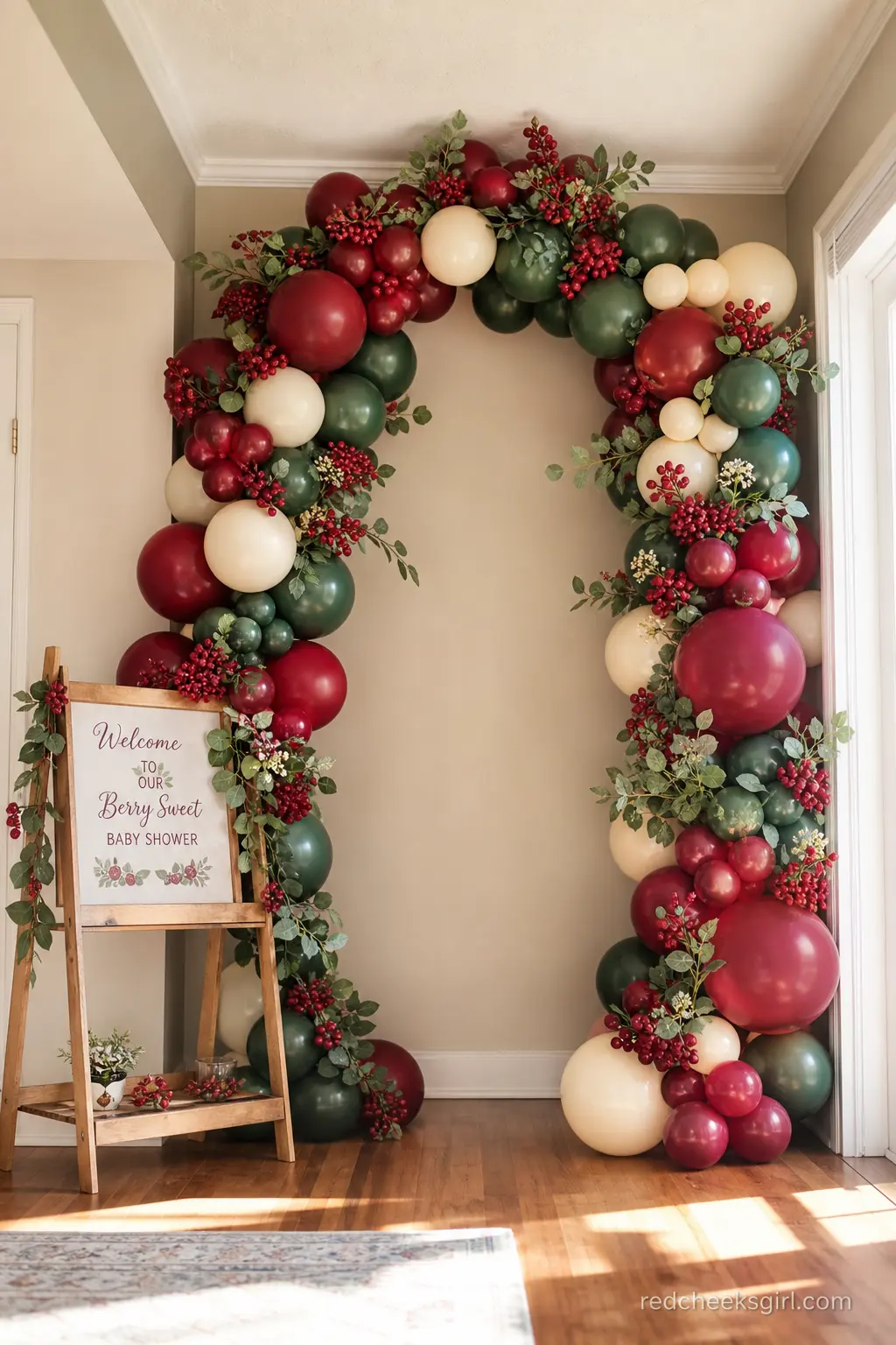 Deep Red Berry Patch Arch — A full balloon arch in deep red and forest green becomes the main photo wall when the shower is bigger than a living room. Berry