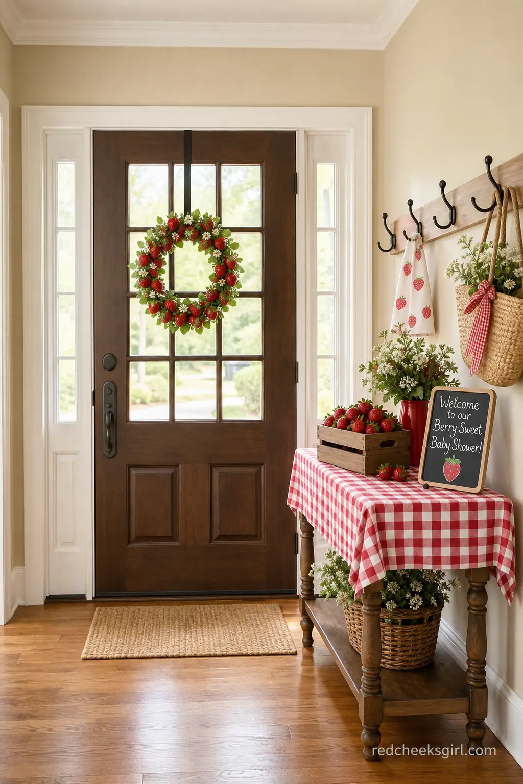 Gingham Berry Welcome Table — A small table by the door does more work than any banner. Berry sweet baby shower theme