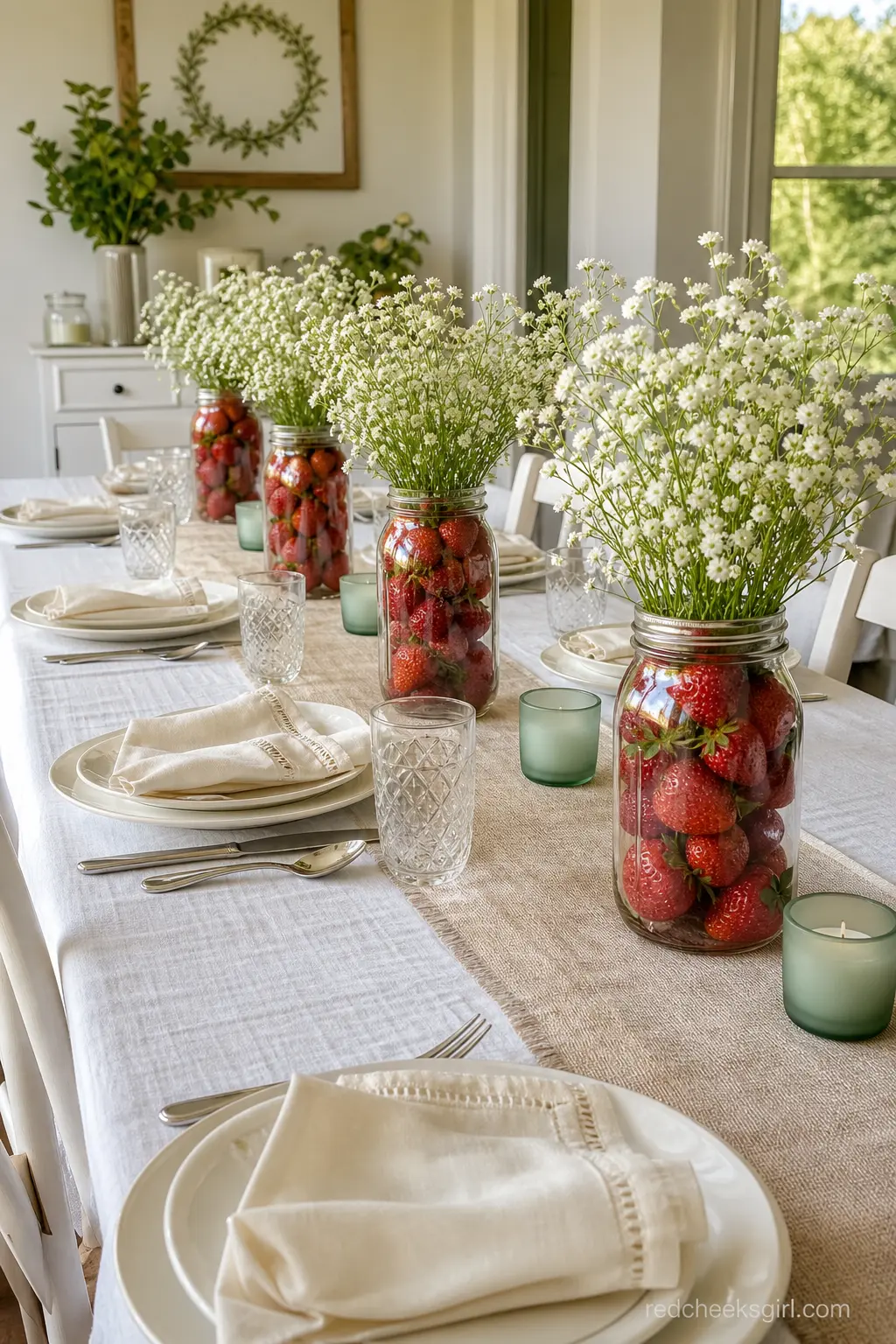 Mason Jar Strawberry Centerpiece — Line the table with mason jars packed full of fresh strawberries and a few stems of baby's breath. Berry sweet baby shower