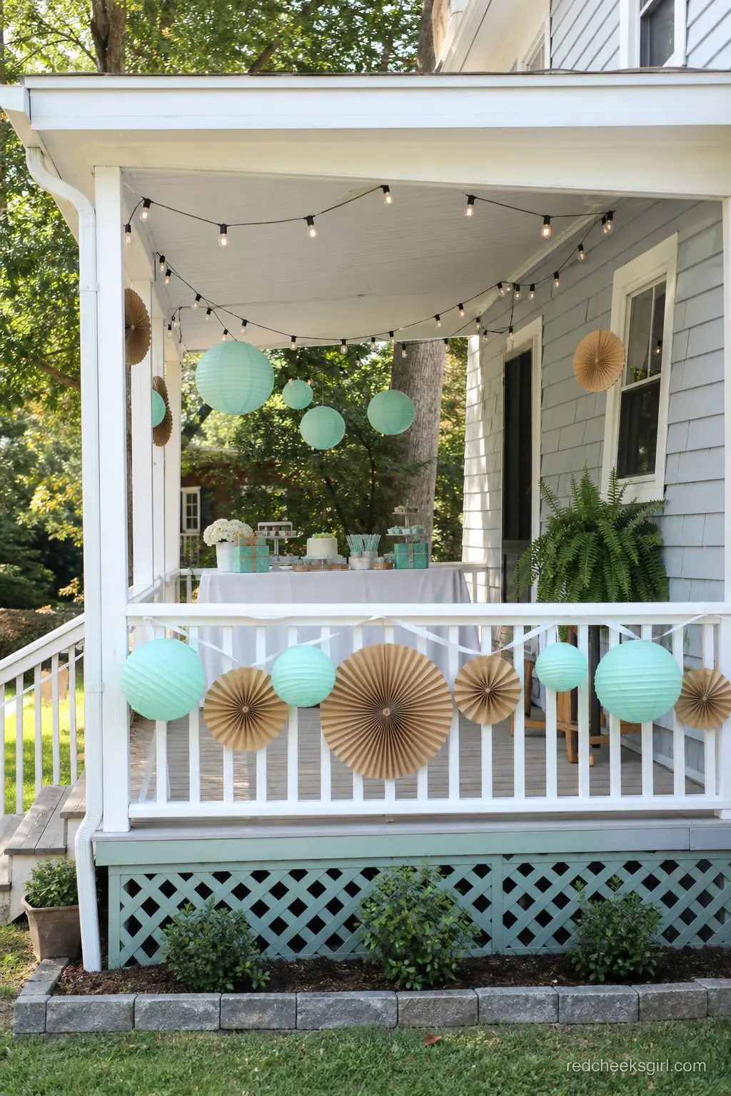 Mint and Kraft Lantern Walkway — String paper lanterns and kraft paper fans along a porch rail or hallway to walk guests from the street to the party. Berry