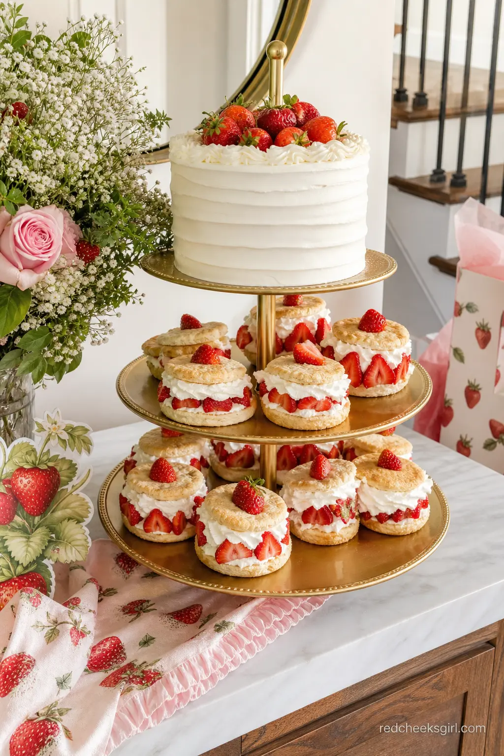 Strawberry Shortcake Tiered Stand — A gold tiered stand loaded with mini strawberry shortcakes gives the dessert table instant height. Berry sweet baby shower