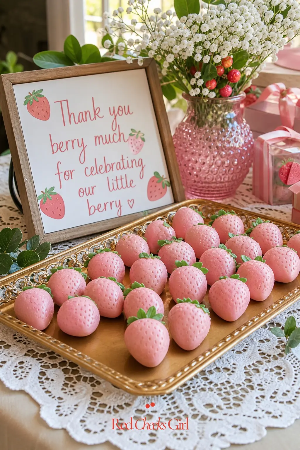 Strawberry Soap Favor Display — Small pink strawberry-shaped soaps on a gold tray feel more like a gift than a party favor. Berry sweet baby shower theme