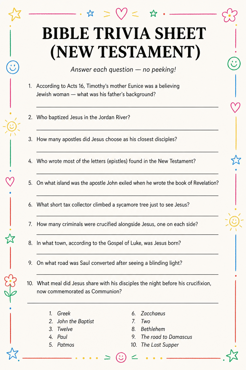 Bible Trivia Sheet (New Testament) printable