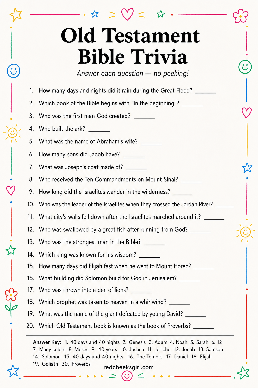 Bible Trivia Sheet (Old Testament) printable