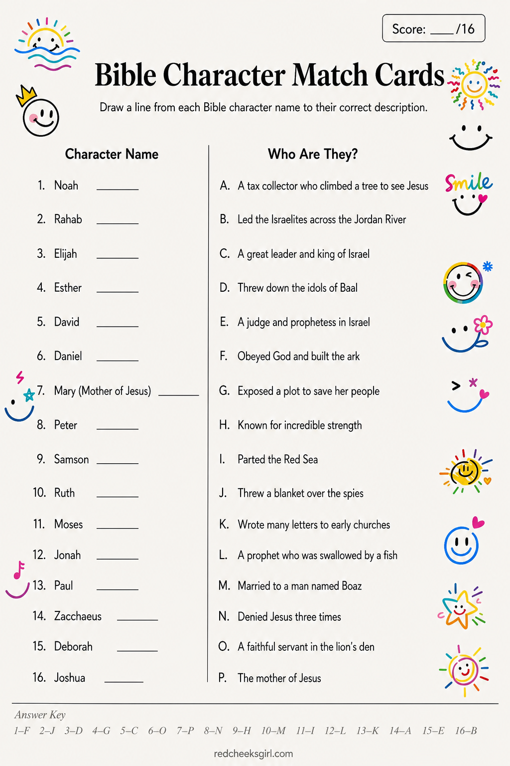 Bible Character Match Cards printable